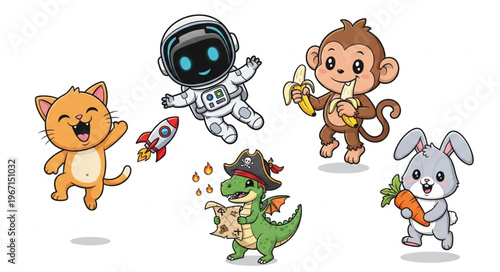 Cute cartoon animals and astronaut in space adventure.