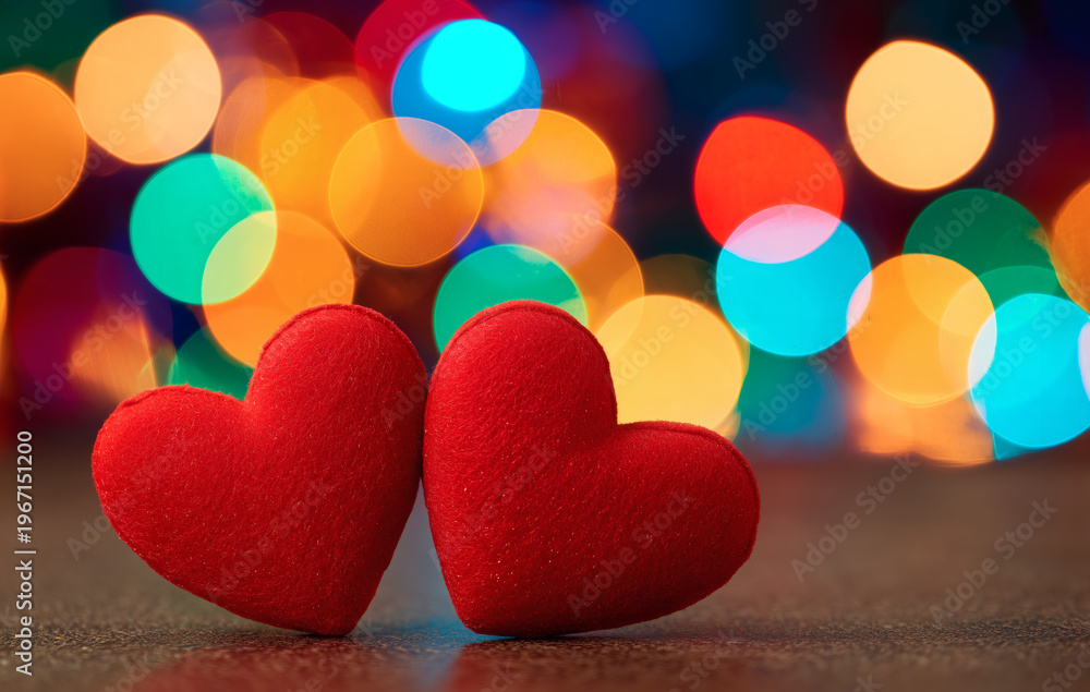 Obraz premium Two Red Hearts with Vibrant Bokeh Background for Valentine's Day