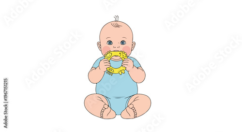 A cute baby in a blue onesie sitting down and chewing on a yellow toy teether