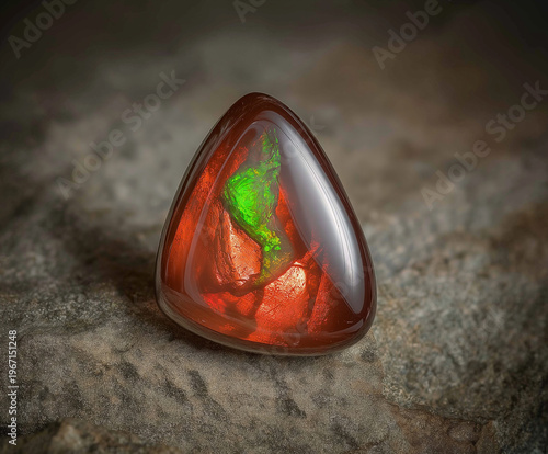 Fire Opal Cabochon Pair on Matrix – Macro Studio Shot, Polished fire opals with vivid green and red play-of-color on stone; glossy, high‑res macro product image for design and branding.