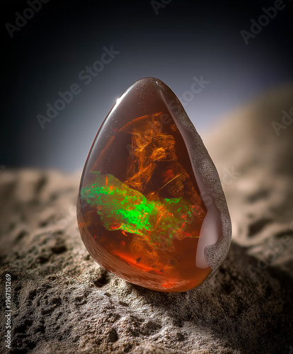Fire Opal Cabochon Pair on Matrix – Macro Studio Shot, Polished fire opals with vivid green and red play-of-color on stone; glossy, high‑res macro product image for design and branding.