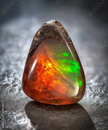 Fire Opal Cabochon Pair on Matrix – Macro Studio Shot, Polished fire opals with vivid green and red play-of-color on stone; glossy, high‑res macro product image for design and branding.
