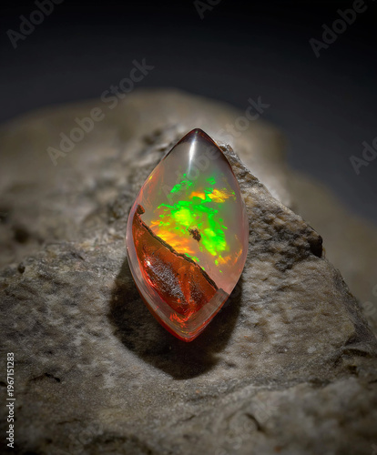 Fire Opal Cabochon Pair on Matrix – Macro Studio Shot, Polished fire opals with vivid green and red play-of-color on stone; glossy, high‑res macro product image for design and branding.