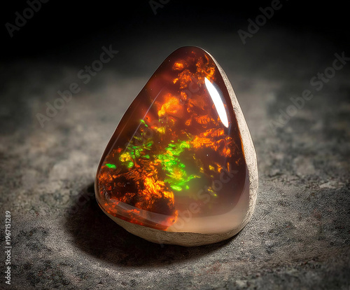 Fire Opal Cabochon Pair on Matrix – Macro Studio Shot, Polished fire opals with vivid green and red play-of-color on stone; glossy, high‑res macro product image for design and branding.