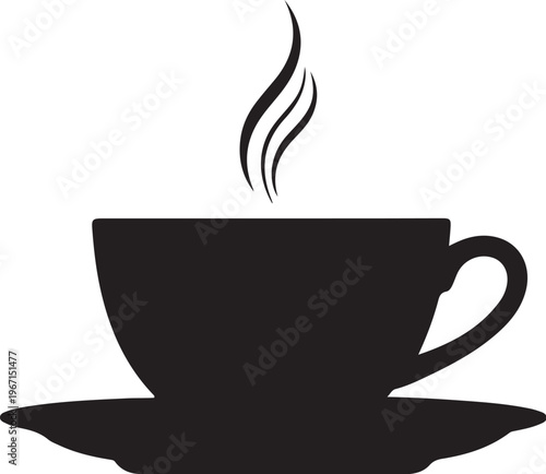 Black silhouette of steaming teacup on saucer hot beverage