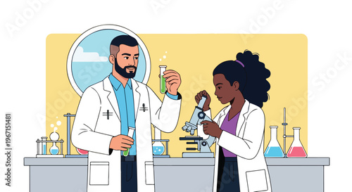 Diverse scientists in lab coats conduct experiments using beakers and microscope
