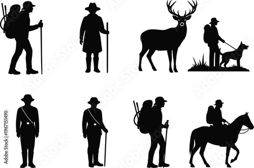 Hunter and wildlife silhouettes collection with deer, dog, and ranger figures, outdoor hunting and tracking scenes, nature and adventure illustration set for design projects