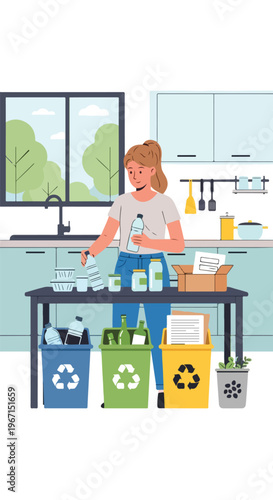 A woman sorting household waste and recyclable materials in a modern home kitchen