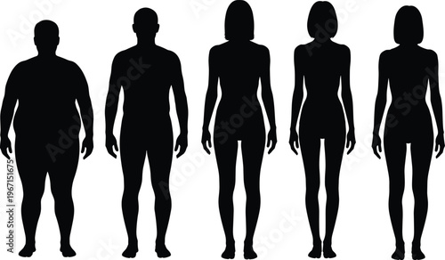 Human body silhouettes set showing male and female figures in different body types, anatomy reference for fitness, health, diversity, and medical illustration design