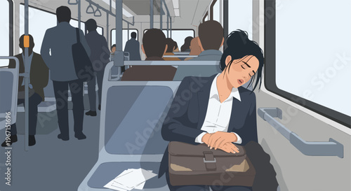 A tired businesswoman sleeps while holding her briefcase on a crowded city bus