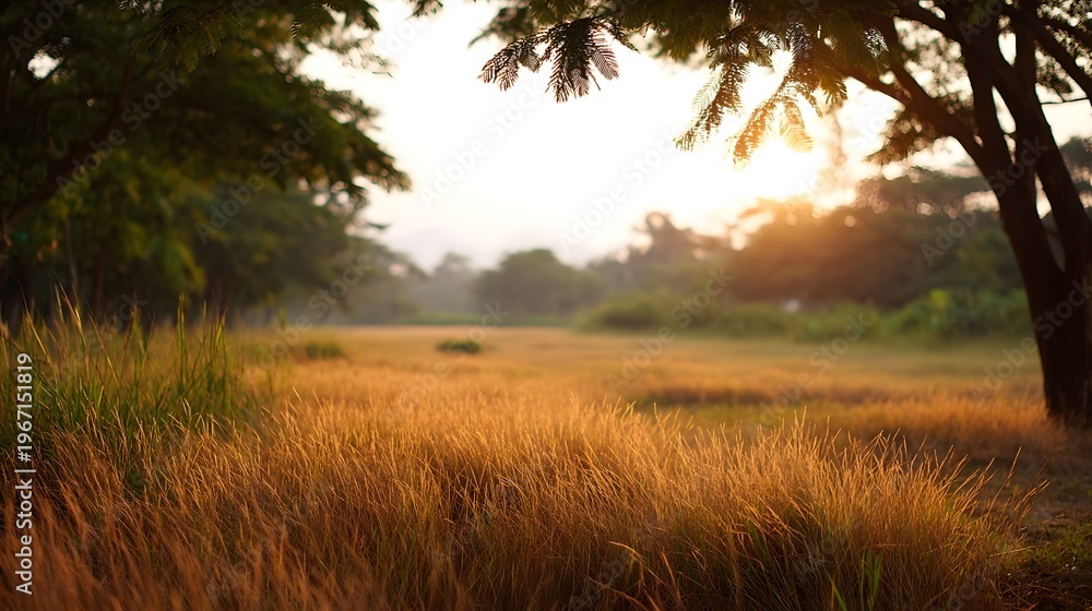Fototapeta premium A tranquil meadow bathed in the warm golden light of sunset with trees framing the scene