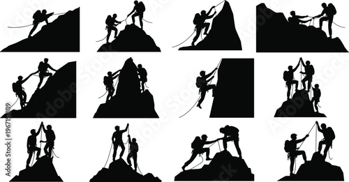 Mountain climbers silhouettes teamwork set with rope assistance, hikers helping each other reach summit, adventure, leadership, and support concept for outdoor sport design