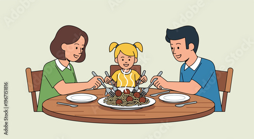 A family of three sharing a plate of hot spaghetti with meatballs at the table
