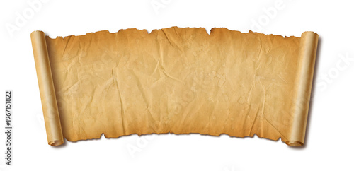 Old crumpled mediaeval Parchment paper scroll isolated on white