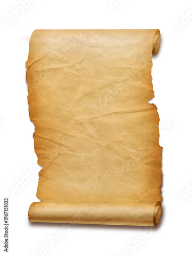 Old crumpled mediaeval Parchment paper scroll isolated on white