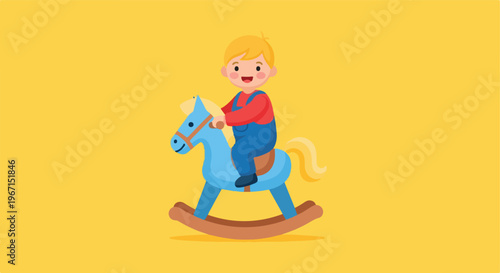 A happy young blonde boy playing on a blue wooden rocking horse toy illustration