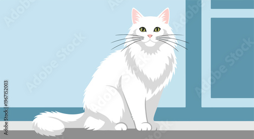 A fluffy white cat sits elegantly against a stylized blue wall background panel