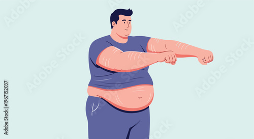 A flat vector illustration of an overweight man stretching arms toward the side