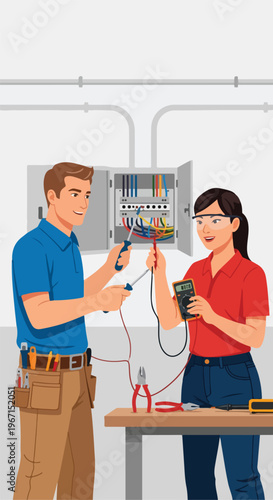 Two technicians working together to inspect and repair an open electrical panel
