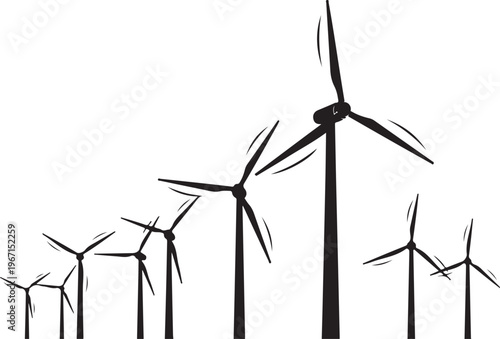 Black silhouette of wind turbines on white background