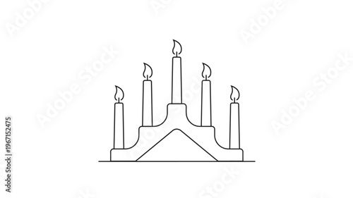 Candlestick holder with five lit candles in a simple linear black and white design against a white background