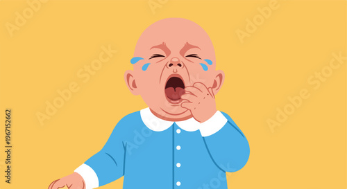 A distressed infant in a blue shirt crying with tears against a yellow background
