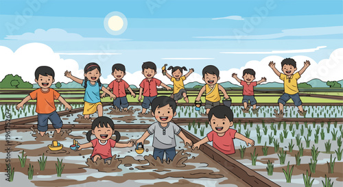 Diverse group of happy children playing in a wet rice field on a sunny day