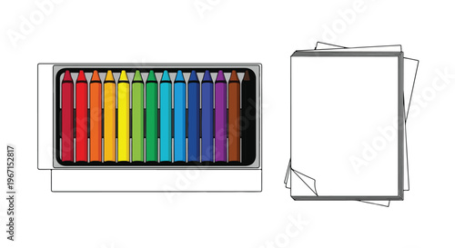 A box of colorful wax crayons next to a small stack of blank white paper sheets