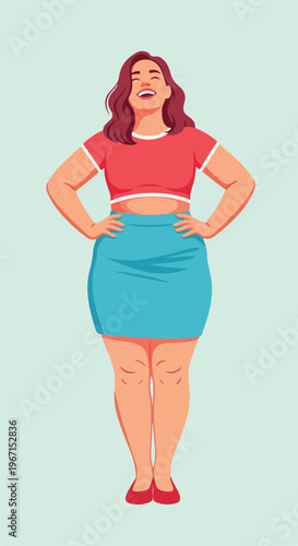 A happy plus-size woman with wavy hair wearing a red top and blue mini skirt