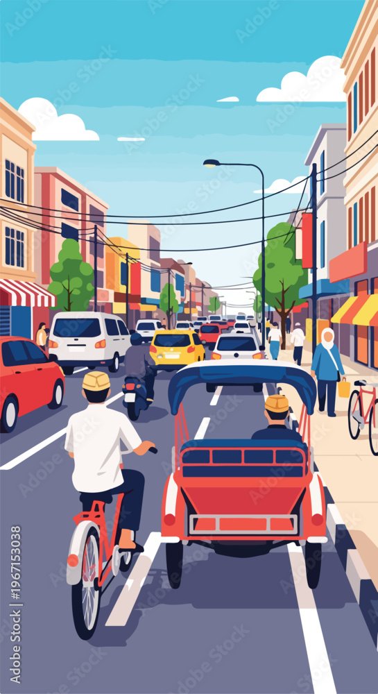 Fototapeta premium A bustling street scene featuring people on bicycles and a motorized rickshaw