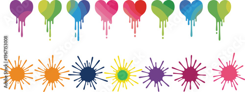 Colorful dripping hearts and paint splashes set vibrant vector collection for love expression creative design elements modern artistic decoration and graphic use