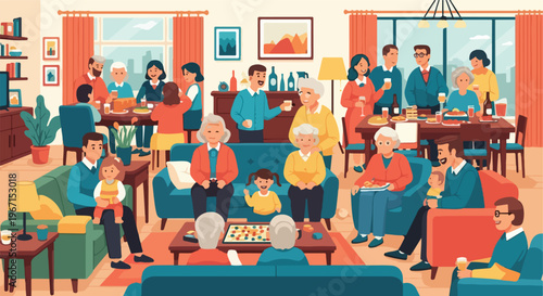 A vibrant living room filled with diverse generations gathering for a social party