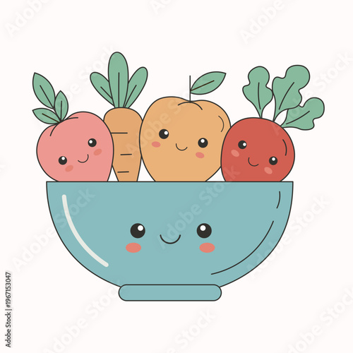 Kawaii Smiling Vegetable and Fruit Harvest in Pastel Blue Bowl
