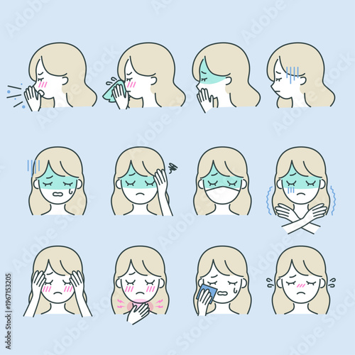 体調不良アイコンセット｜頭痛・発熱・だるさ・風邪症状の医療・健康ベクター素材