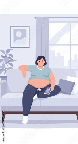A person with a large belly sitting on a couch and holding a remote control