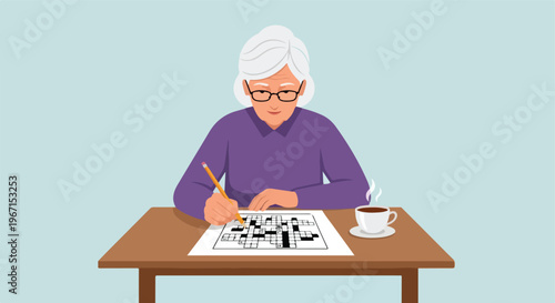 An older woman with white hair sits at a table solving a crossword with coffee