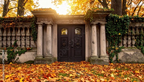 An ancient wooden door serves as the vintage entrance to an old brick and stone house nestled within a scenic autumn street