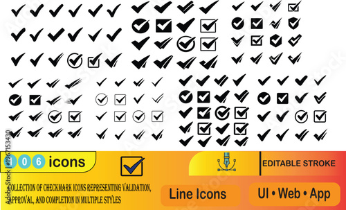 Goal completion and success concept. Hand placing blue target block after three pink Collection of Checkmark Icons Representing Validation, Approval, and Completion in Multiple Styles, milestones