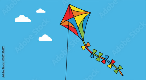 A colorful diamond-shaped kite flying in a clear blue sky with small white clouds