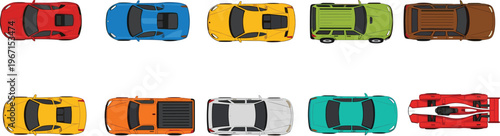 Top view cars collection with various vehicle types, colorful transport set including sedan, SUV, van, and race car, illustration for traffic, mapping, and design projects