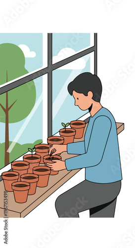 A young person carefully plants seeds in small pots on a sunny indoor windowsill