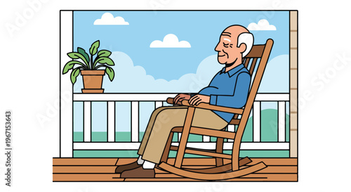 An elderly man sits peacefully in a wooden rocking chair on a sunlit porch deck