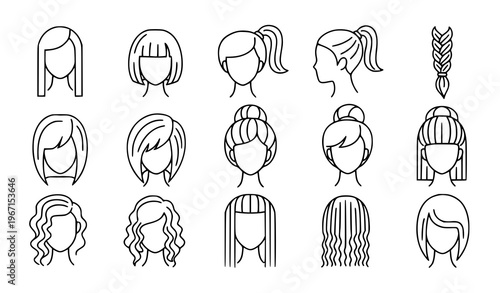 Girl hairstyle icon set vector female hair style collection outline beauty symbols isolated on white background