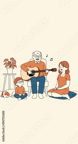 An elderly man plays acoustic guitar for a young boy and woman near a house pet