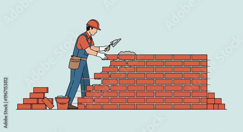 A construction worker wearing a hard hat building a wall with red bricks