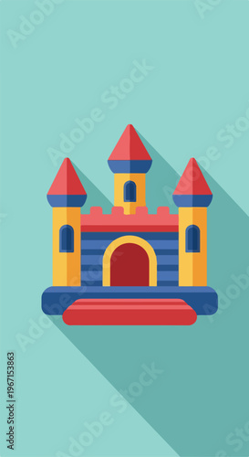A colorful inflatable bounce house castle icon isolated on a light blue backdrop