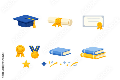 Vibrant collection of graduation ceremony and academic achievement icons, including mortarboard cap, diploma, books, and medals, for educational success projects