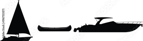 Watercraft silhouettes set featuring sailboat, canoe, and motorboat, marine transport icons for travel, recreation, and nautical design, isolated on background for creative use