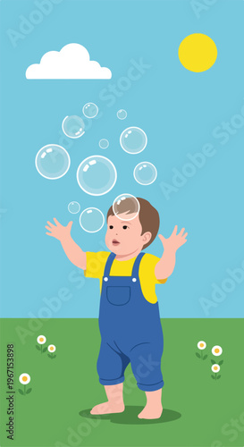 A young child playing outdoors, reaching up to catch floating soap bubbles