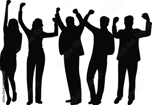 Silhouette of Diverse People Raising Hands in Celebration, Team Victory and Happiness Concept